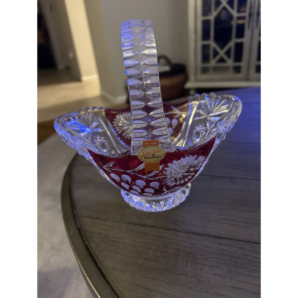 Ruby Red Overlay 24% Lead Crystal Handled Basket By Hofbauer.